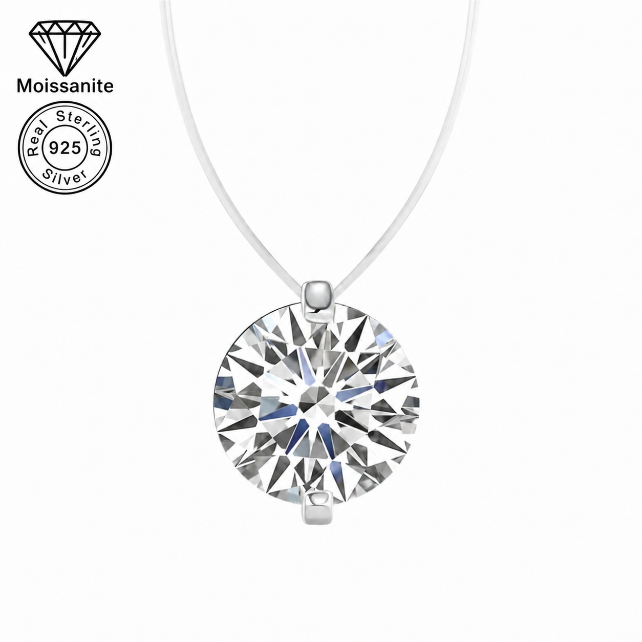 Casual 925 Sterling Silver Invisible Line Moissanite Pendant Necklace - 1 ct/2 ct/3 ct, Lightweight and Comfortable, High-Clarity Brilliance