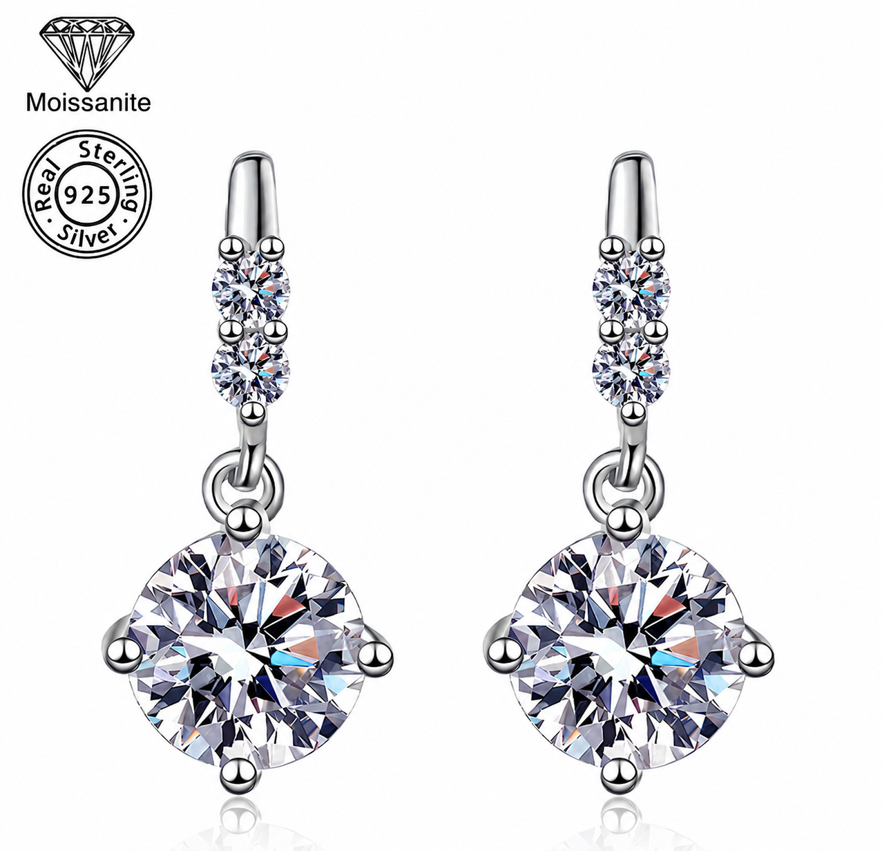 Dangle Moissanite Drop Earrings with Dual Accent Stones – 0.5 CARAT | 925 Sterling Silver