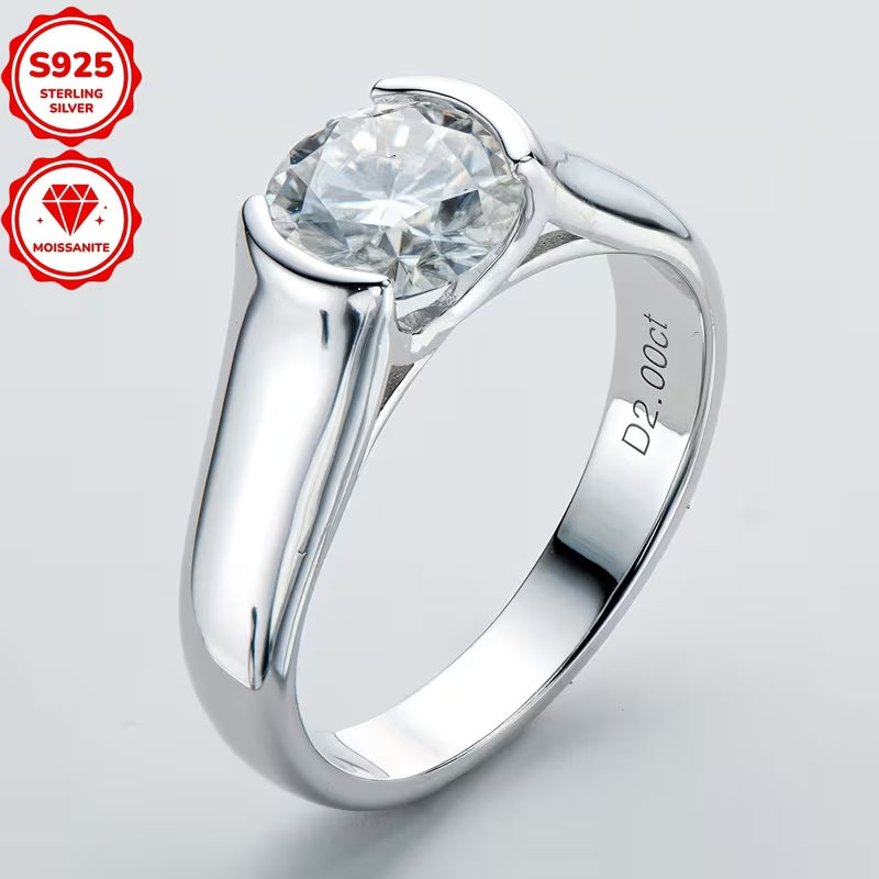 2 Carat Round Moissanite Engagement Ring for Women, 925 Sterling Silver Solitaire Ring, Classic Wedding & Anniversary Fine Jewelry