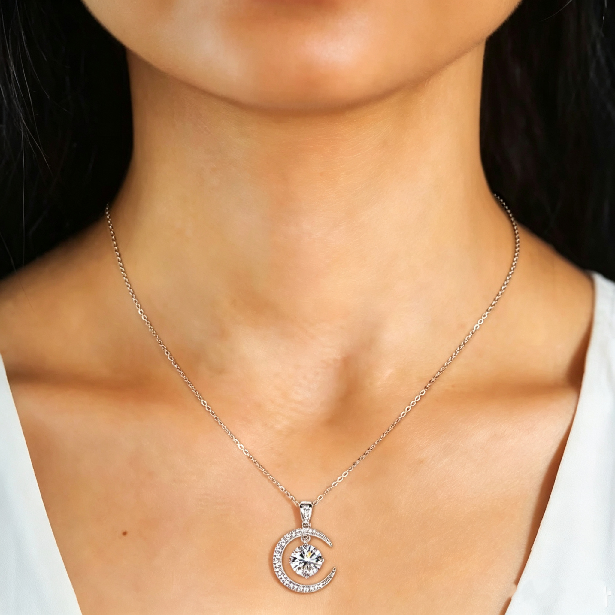 Moon & Sun Moissanite Pendant Necklace, 925 Sterling Silver, 2.31CTW Round Cut Moissanite, Celestial Jewelry Gift for Women