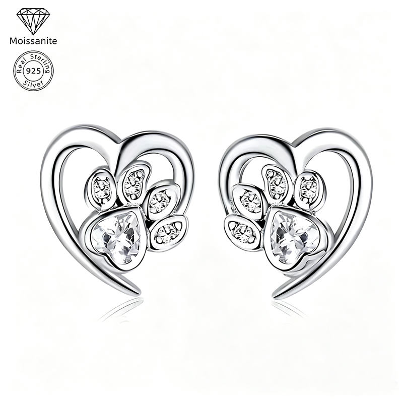 925 Sterling Silvery Synthetic Turquoise Animal Paw Print Heart Stud Earrings for Women, Cute Casual Jewelry