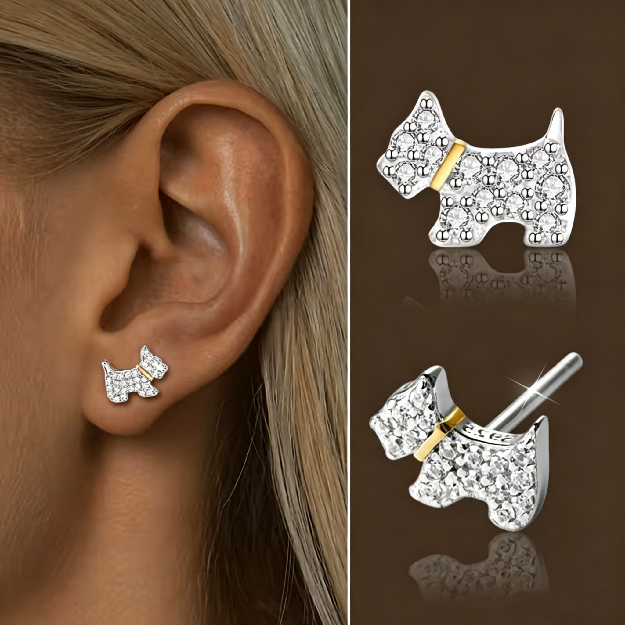Puppy Stud Earrings for Women, 925 Sterling Silver, Sparkling Zirconia Dog Earrings, Hypoallergenic Pet Lover Jewelry