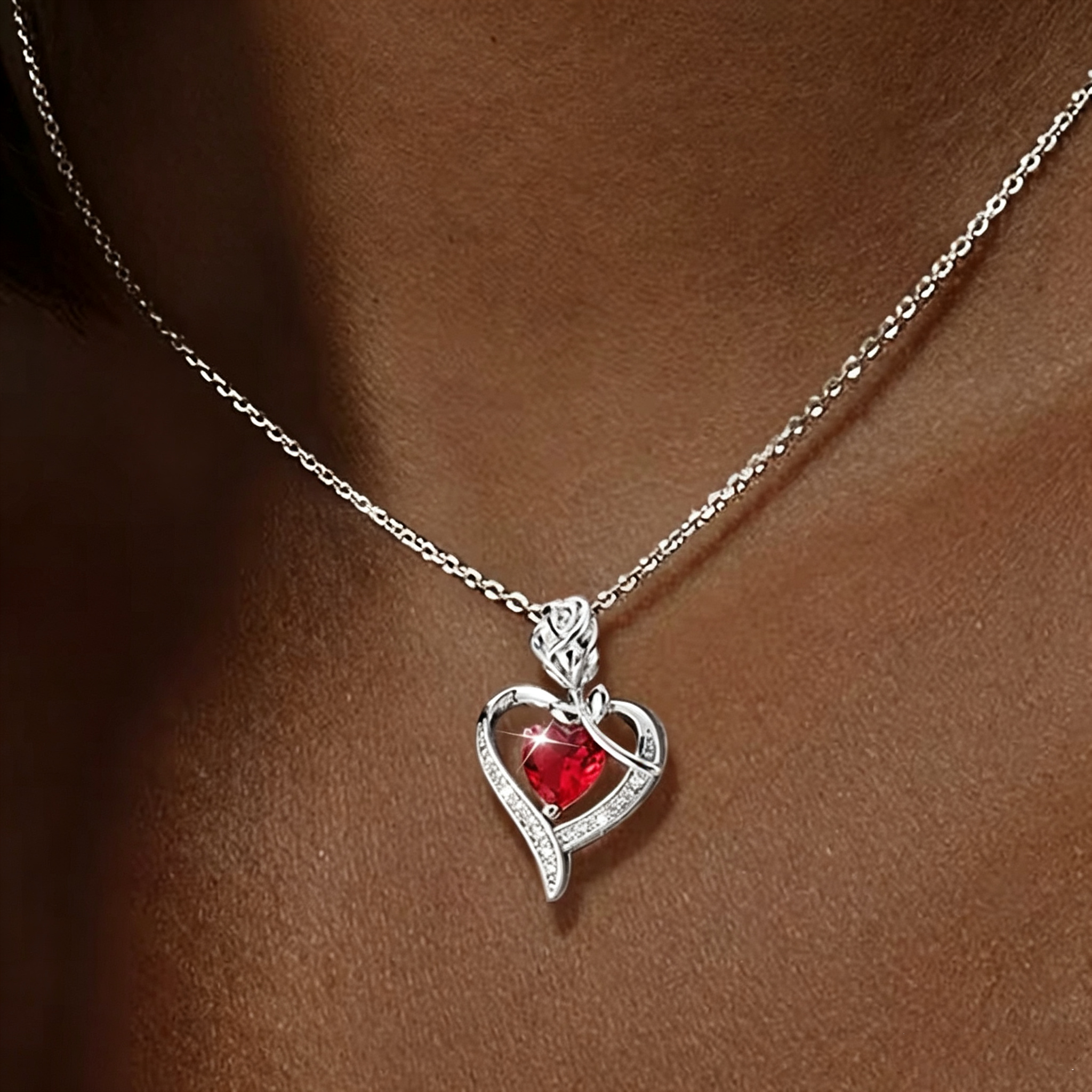 Rose Heart Pendant Necklace for Women, 925 Sterling Silver, Red Zirconia Necklace, Romantic Jewelry Gift