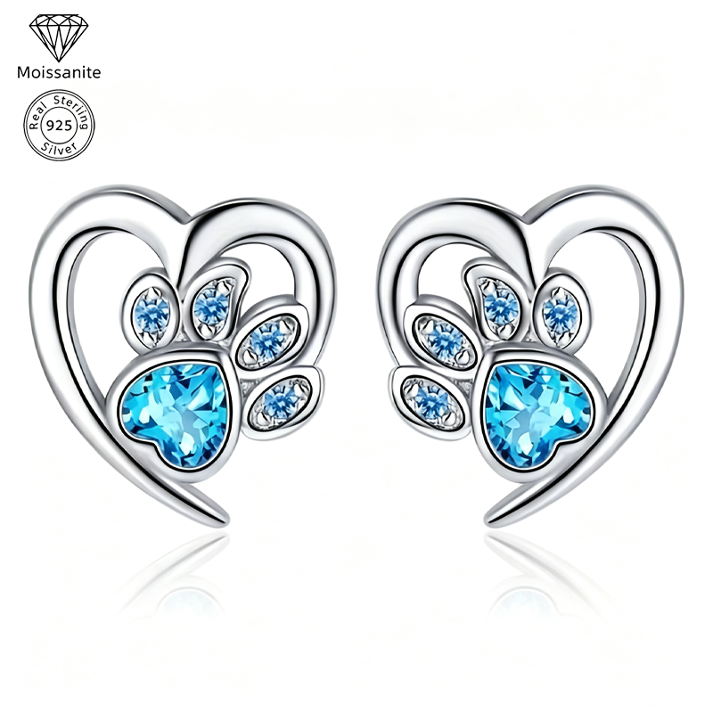 925 Sterling Silvery Synthetic Turquoise Animal Paw Print Heart Stud Earrings for Women, Cute Casual Jewelry