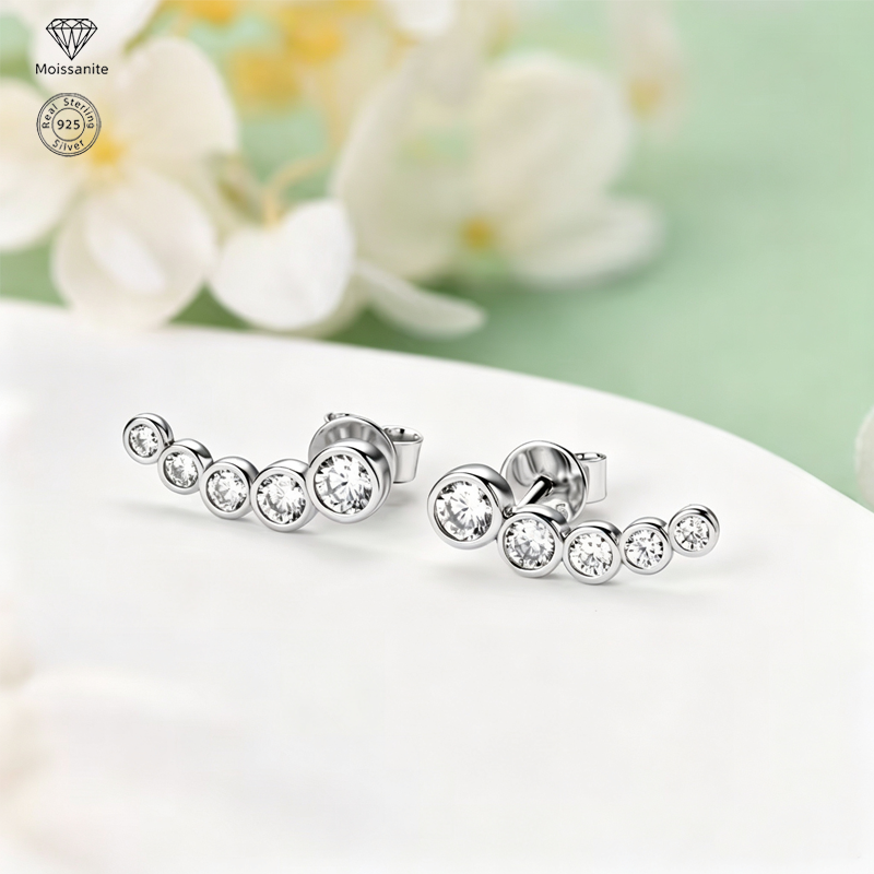 Moissanite Climber Stud Earrings for Women, 925 Sterling Silver, Elegant Ear Climber Earrings, Hypoallergenic Fine Jewelry
