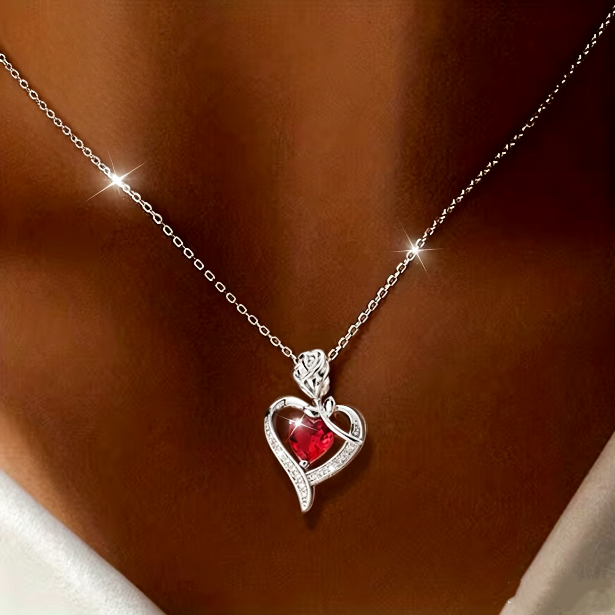 Rose Heart Pendant Necklace for Women, 925 Sterling Silver, Red Zirconia Necklace, Romantic Jewelry Gift