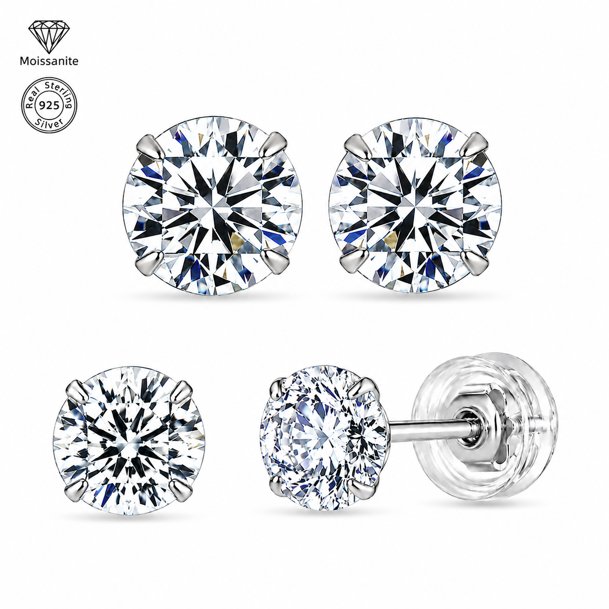 925 Sterling Silver Four-Prong Round Moissanite Stud Earrings