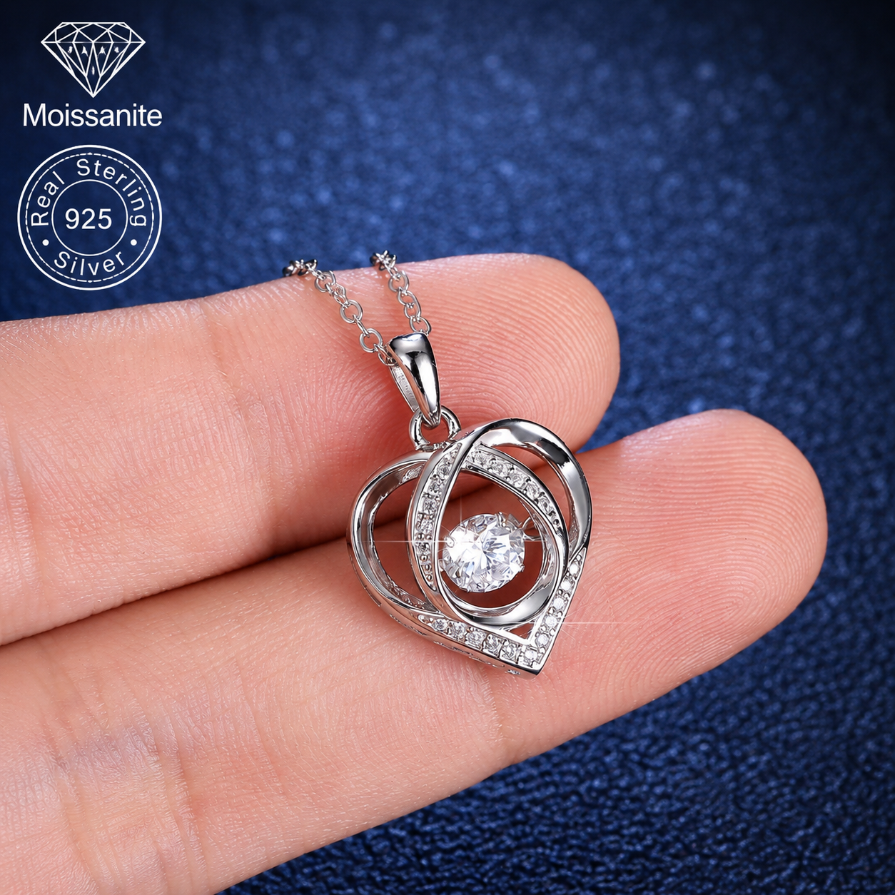 925 Sterling Silver Dancing Heart Moissanite Necklace - VVS, 0.5 ct D/VVS Double Heart Geometric Pendant, Layering Decorative Silver Necklaces & Pendants