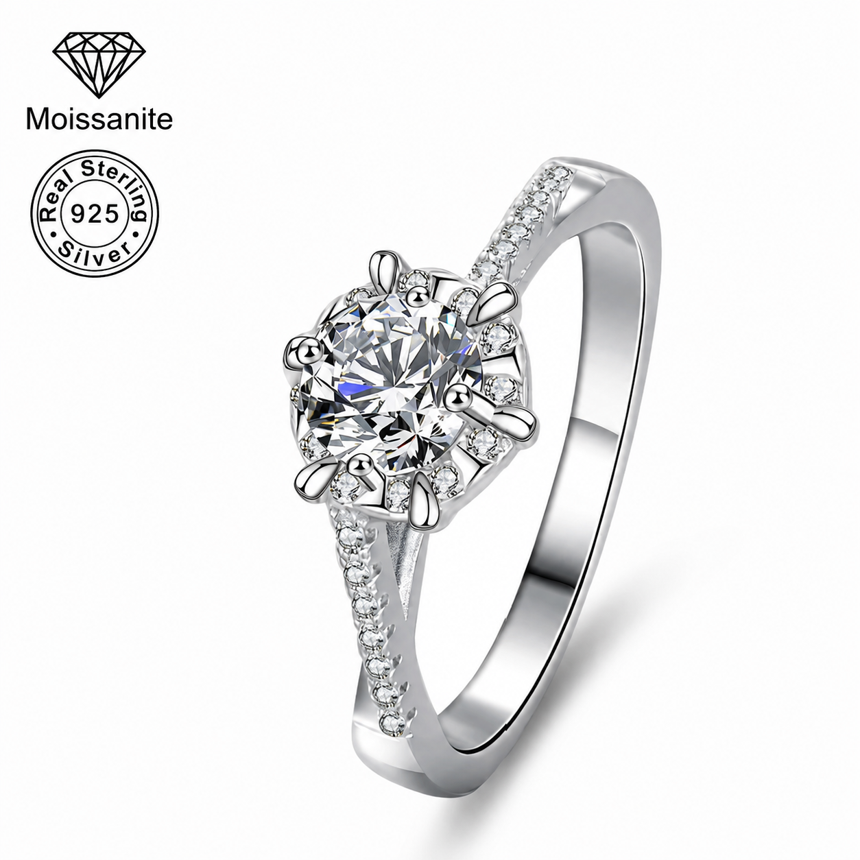 925 Sterling Silver Minimalist Wedding Ring for US, 1 Carat VVS Classic 6-Prong Moissanite Engagement Ring with Lightweight Pavé Band