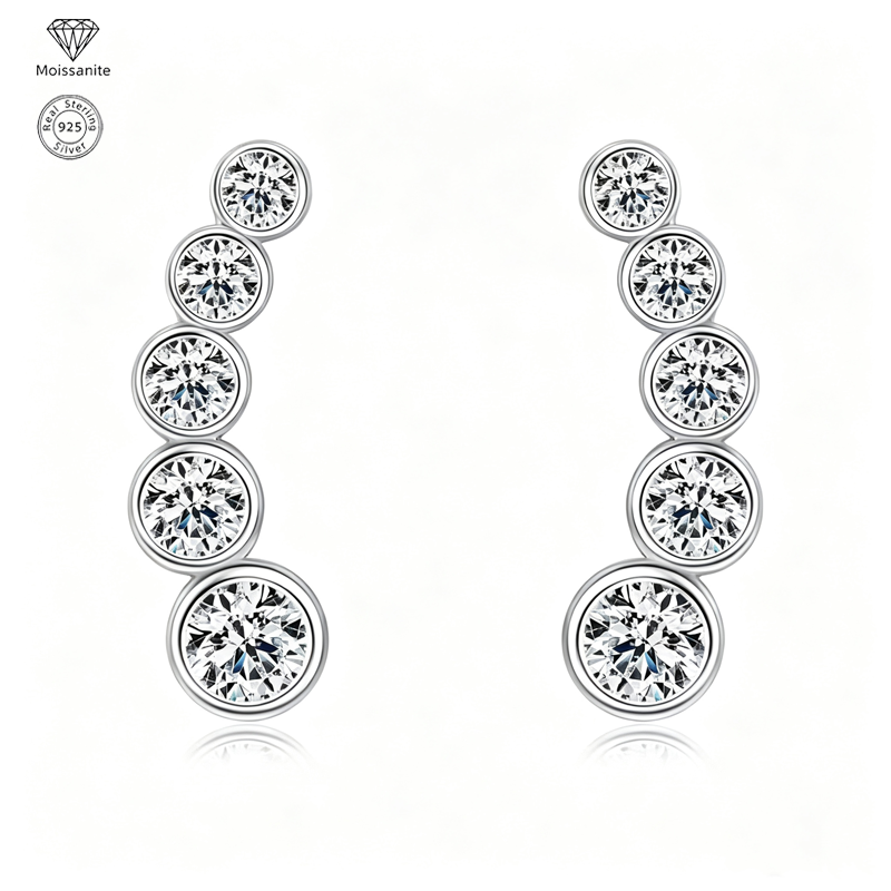 Moissanite Climber Stud Earrings for Women, 925 Sterling Silver, Elegant Ear Climber Earrings, Hypoallergenic Fine Jewelry