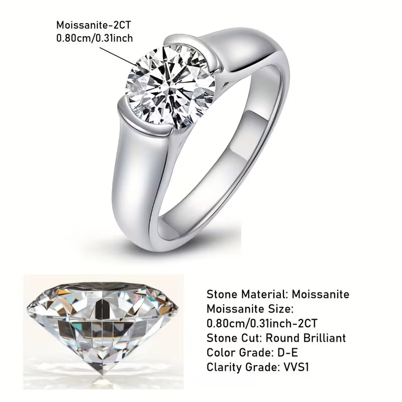 2 Carat Round Moissanite Engagement Ring for Women, 925 Sterling Silver Solitaire Ring, Classic Wedding & Anniversary Fine Jewelry