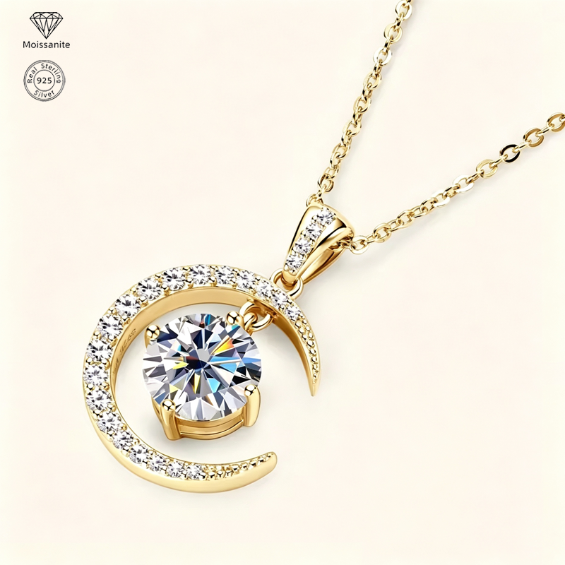 Moon & Sun Moissanite Pendant Necklace, 925 Sterling Silver, 2.31CTW Round Cut Moissanite, Celestial Jewelry Gift for Women