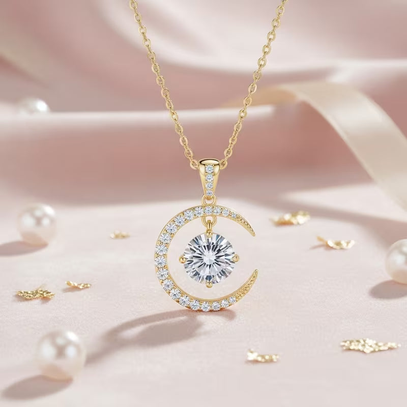Moon & Sun Moissanite Pendant Necklace, 925 Sterling Silver, 2.31CTW Round Cut Moissanite, Celestial Jewelry Gift for Women