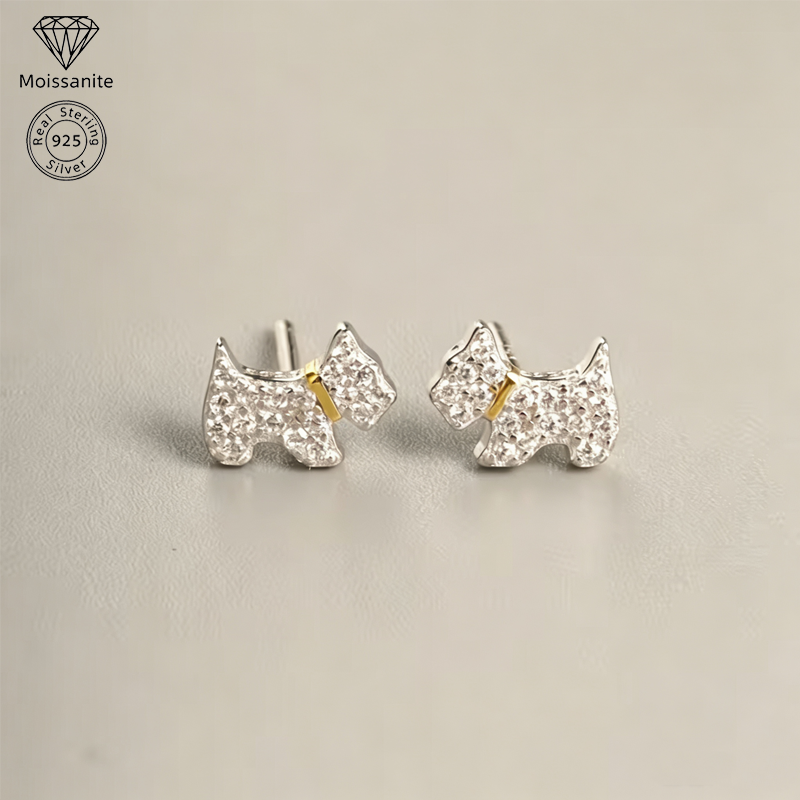 Puppy Stud Earrings for Women, 925 Sterling Silver, Sparkling Zirconia Dog Earrings, Hypoallergenic Pet Lover Jewelry