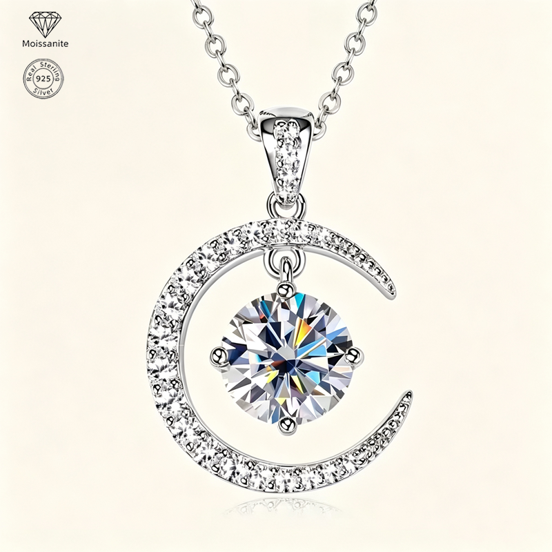 Moon & Sun Moissanite Pendant Necklace, 925 Sterling Silver, 2.31CTW Round Cut Moissanite, Celestial Jewelry Gift for Women