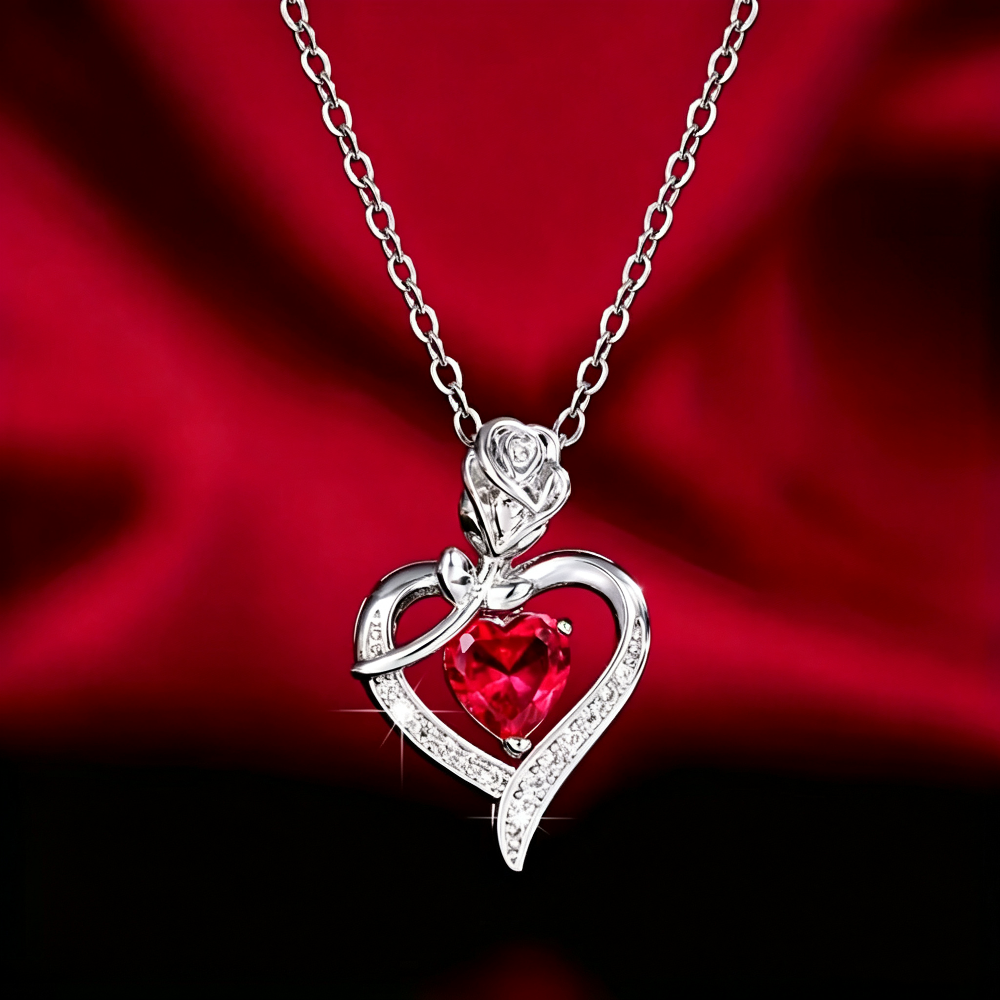 Rose Heart Pendant Necklace for Women, 925 Sterling Silver, Red Zirconia Necklace, Romantic Jewelry Gift