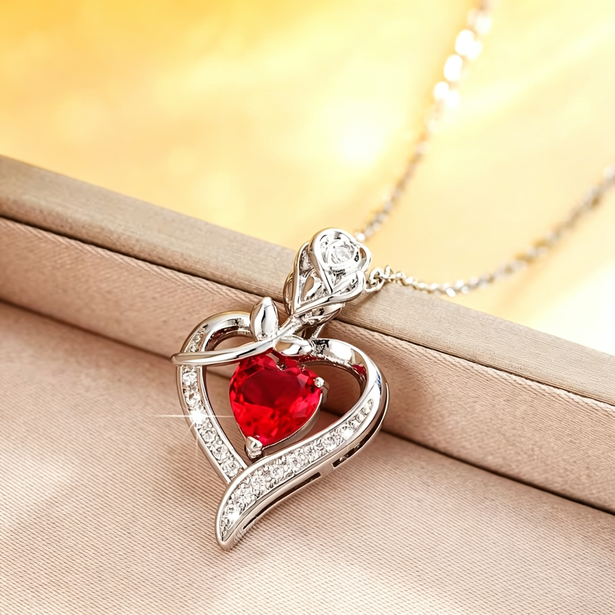 Rose Heart Pendant Necklace for Women, 925 Sterling Silver, Red Zirconia Necklace, Romantic Jewelry Gift