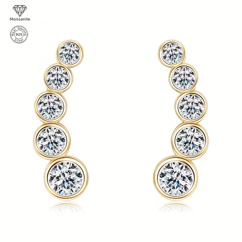 Moissanite Climber Stud Earrings for Women, 925 Sterling Silver, Elegant Ear Climber Earrings, Hypoallergenic Fine Jewelry