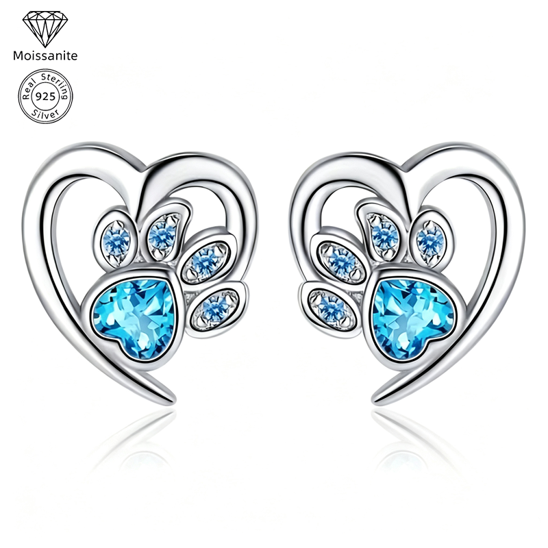 925 Sterling Silvery Synthetic Turquoise Animal Paw Print Heart Stud Earrings for Women, Cute Casual Jewelry