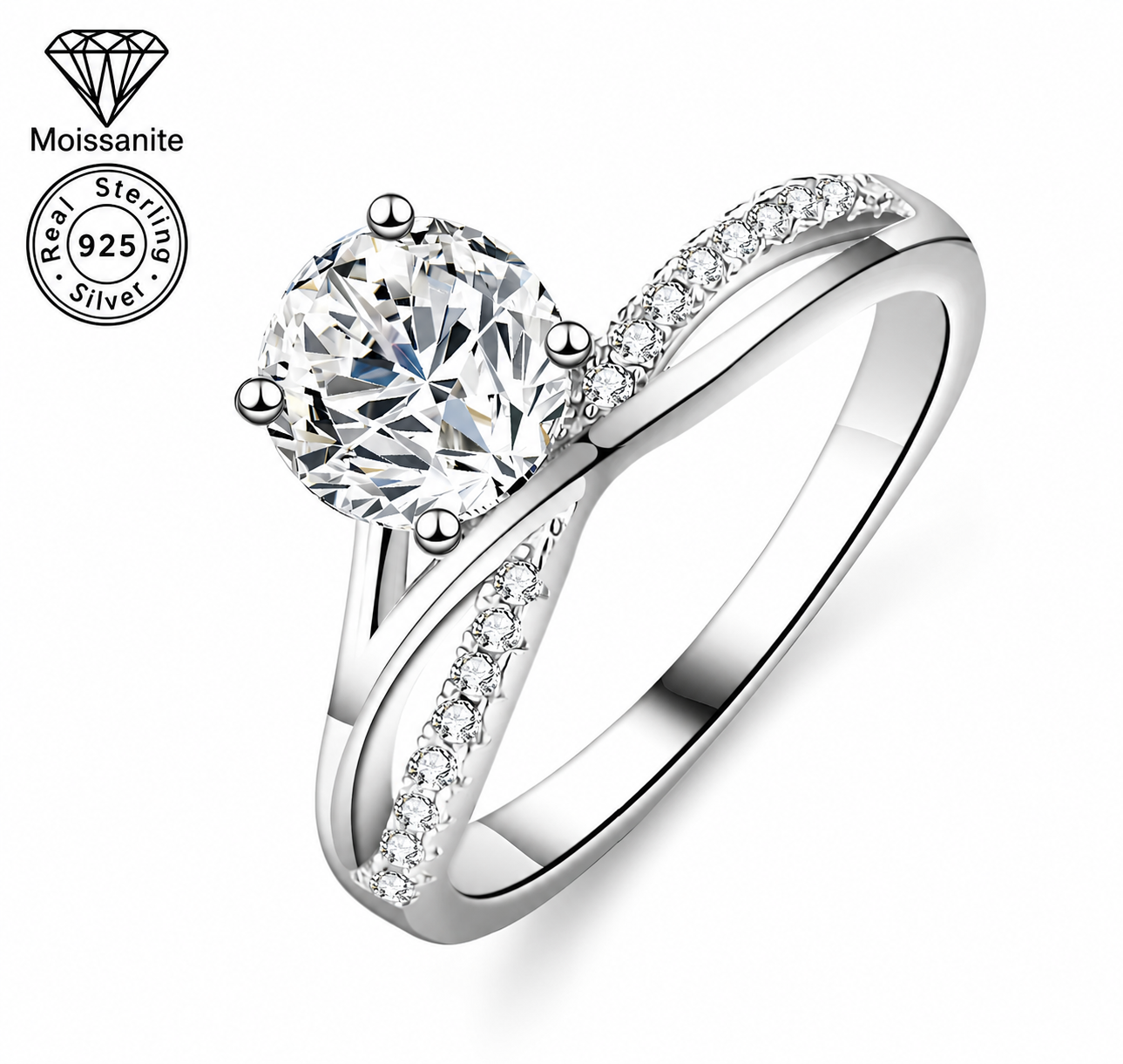 Female Twisted Pavé VVS Moissanite Engagement Ring - 1 Carat, 925 Sterling Silver, Lightweight, Comfortable, with Camellia Elements