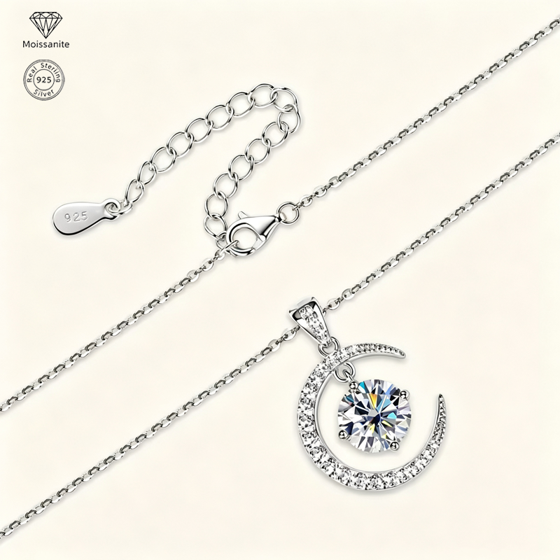Moon & Sun Moissanite Pendant Necklace, 925 Sterling Silver, 2.31CTW Round Cut Moissanite, Celestial Jewelry Gift for Women