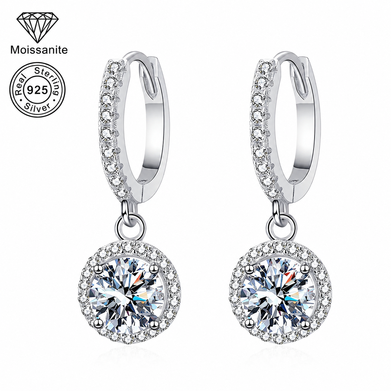 Halo Moissanite Drop Hoop Earrings – 1 CARAT | 925 Sterling Silver