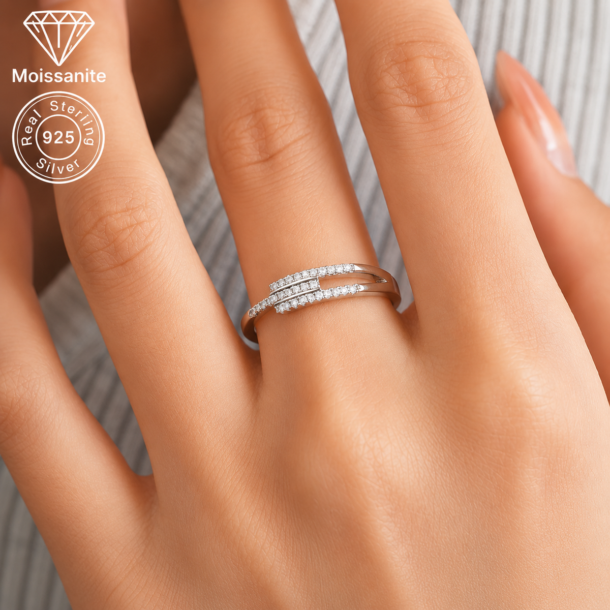 Multi-Band Pavé Moissanite Ring – Layered Design | 925 Sterling Silver