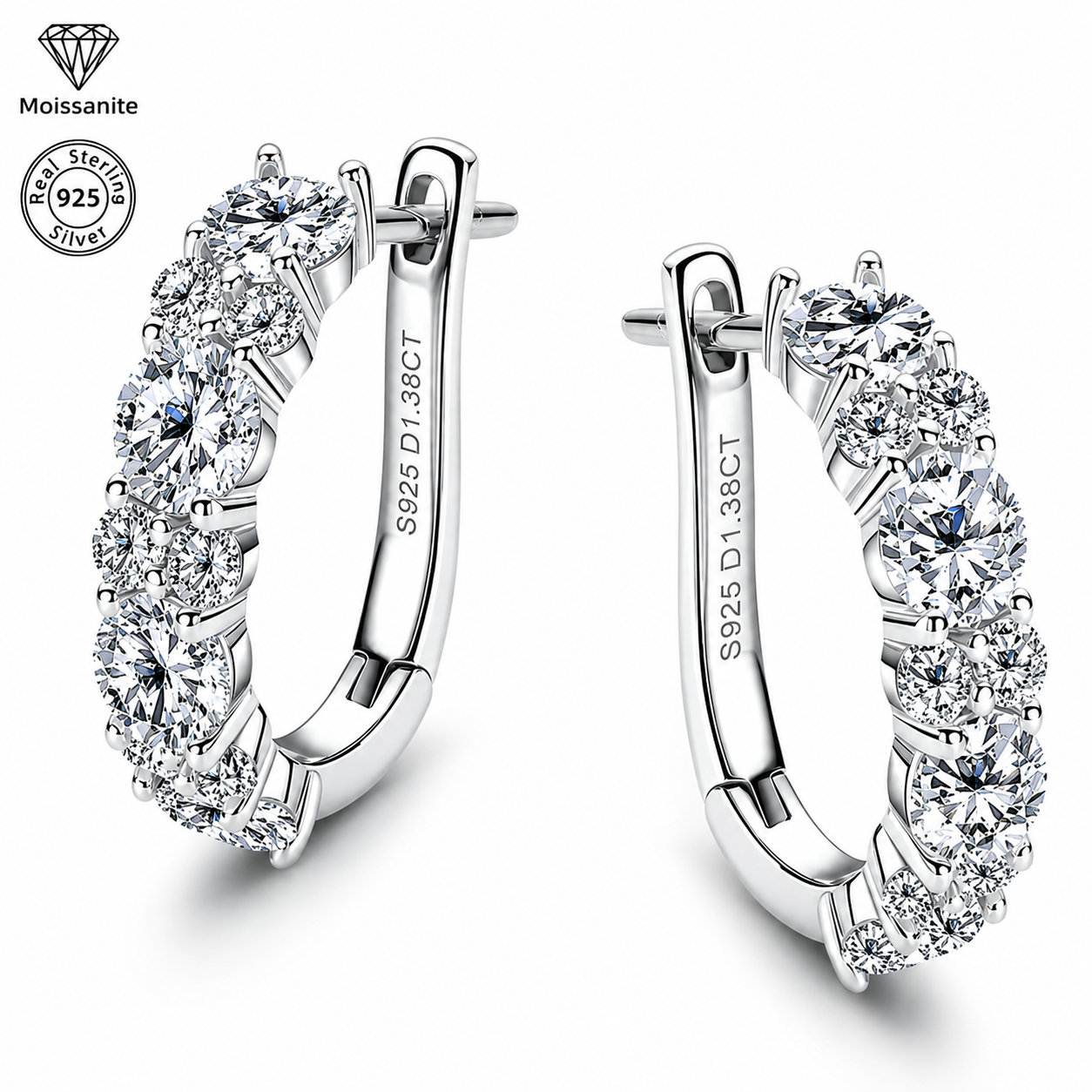 1.38 CARAT Moissanite Hoop Earrings for Women, 925 Sterling Silver Pavé Huggie Hoops, Dainty Diamond-Look Earrings, Hypoallergenic Fine Jewelry