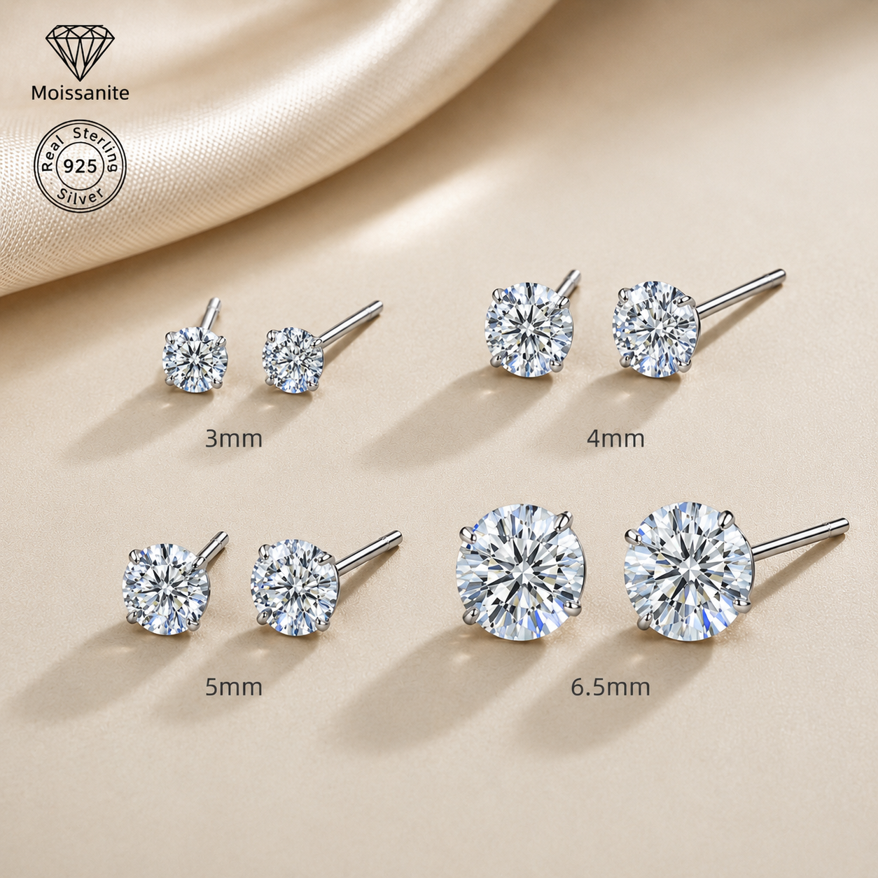 925 Sterling Silver Four-Prong Round Moissanite Stud Earrings