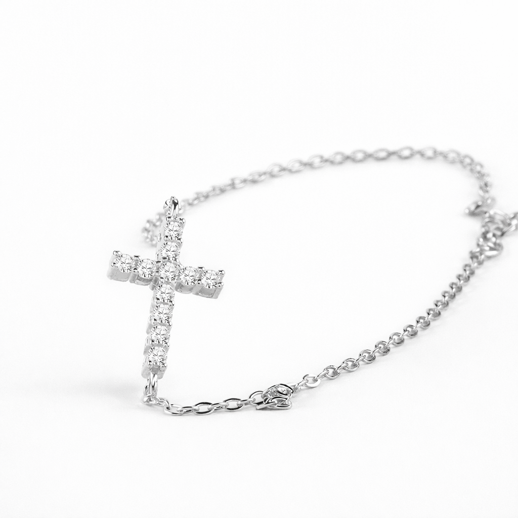 Dainty Cross Moissanite Bracelet – 925 Sterling Silver Pavé Cross