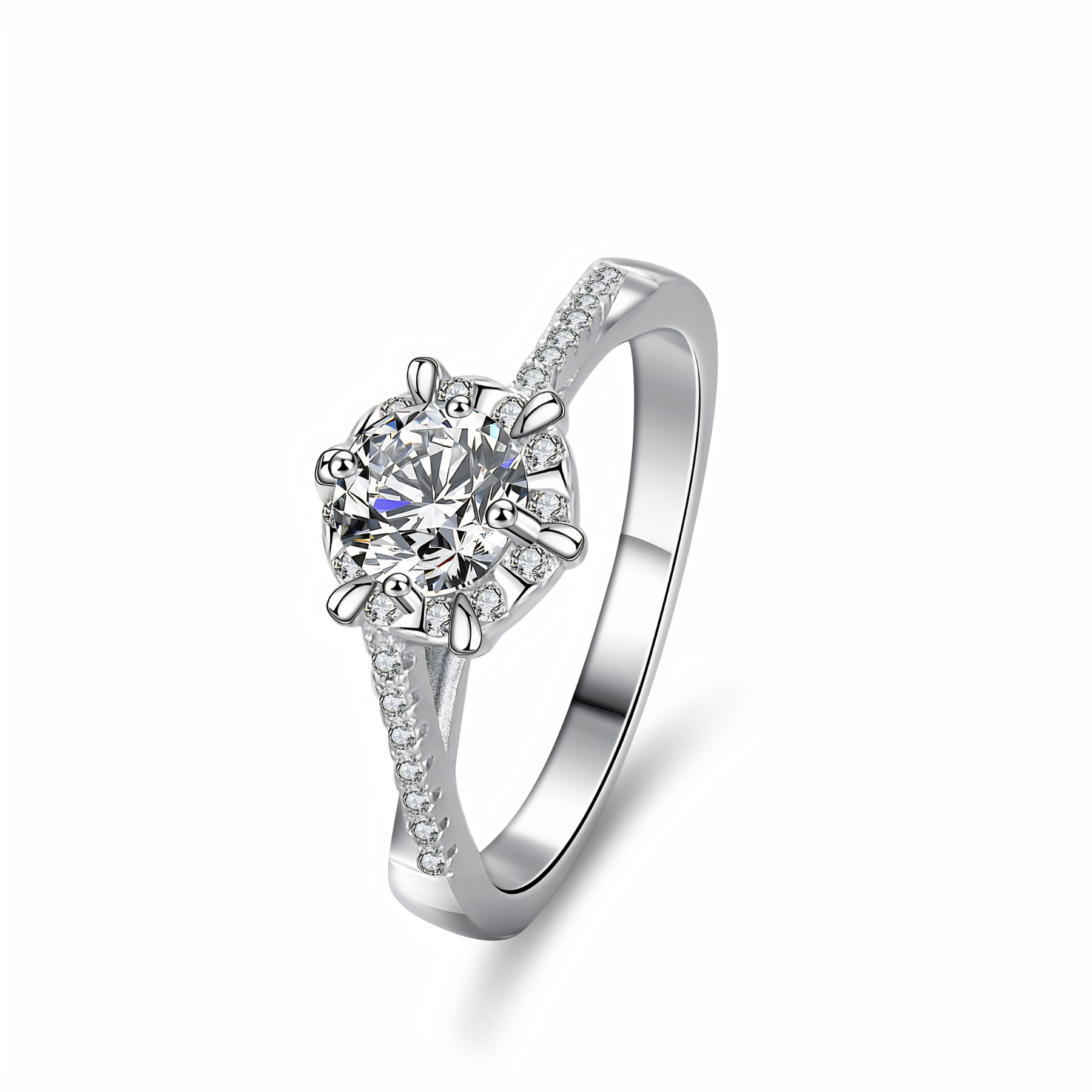Classic 6-Prong Moissanite Engagement Ring – 1 Carat | Pavé Band | 925 Sterling Silver