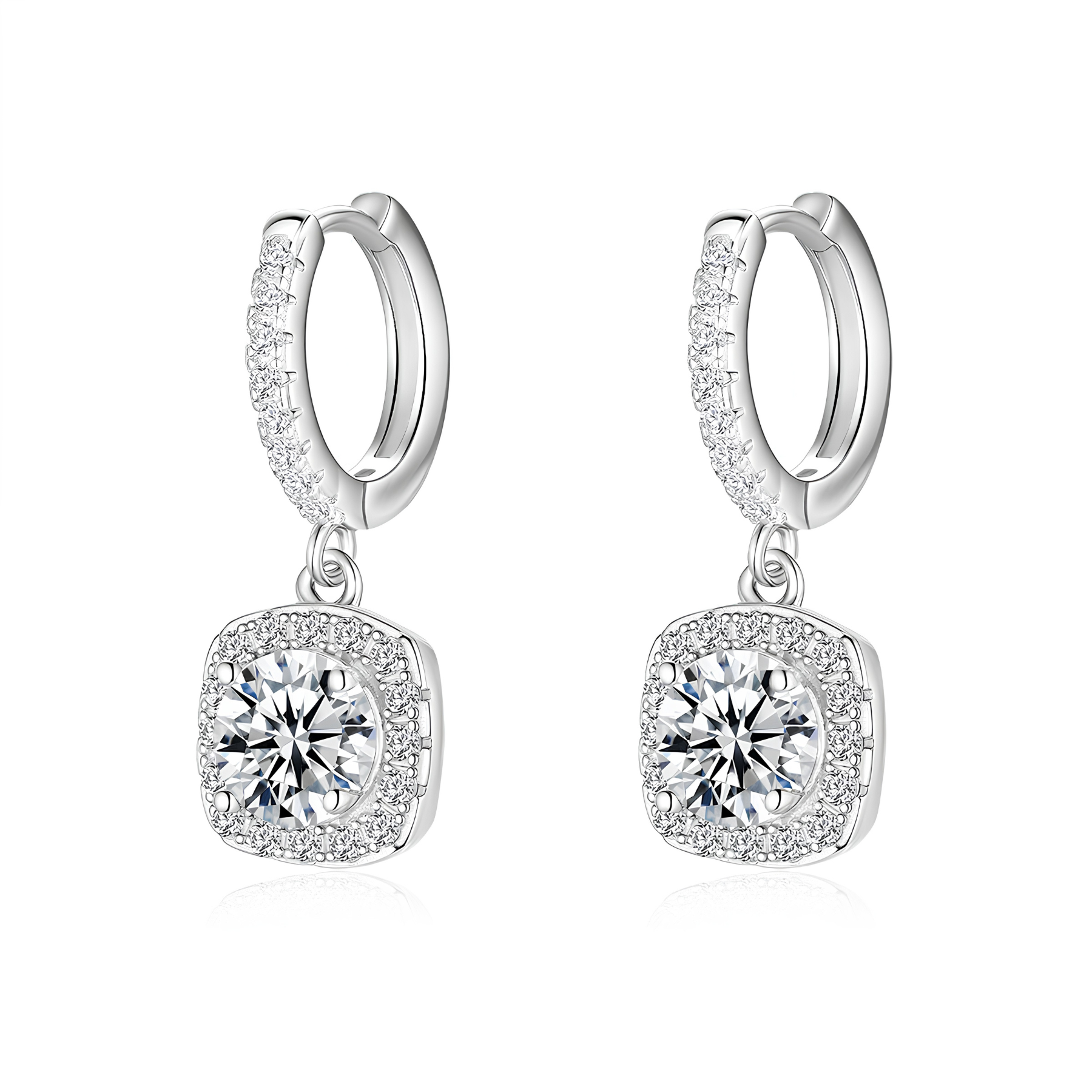 Round Cut Moissanite Halo Drop Earrings – Cushion Frame | 925 Sterling Silver