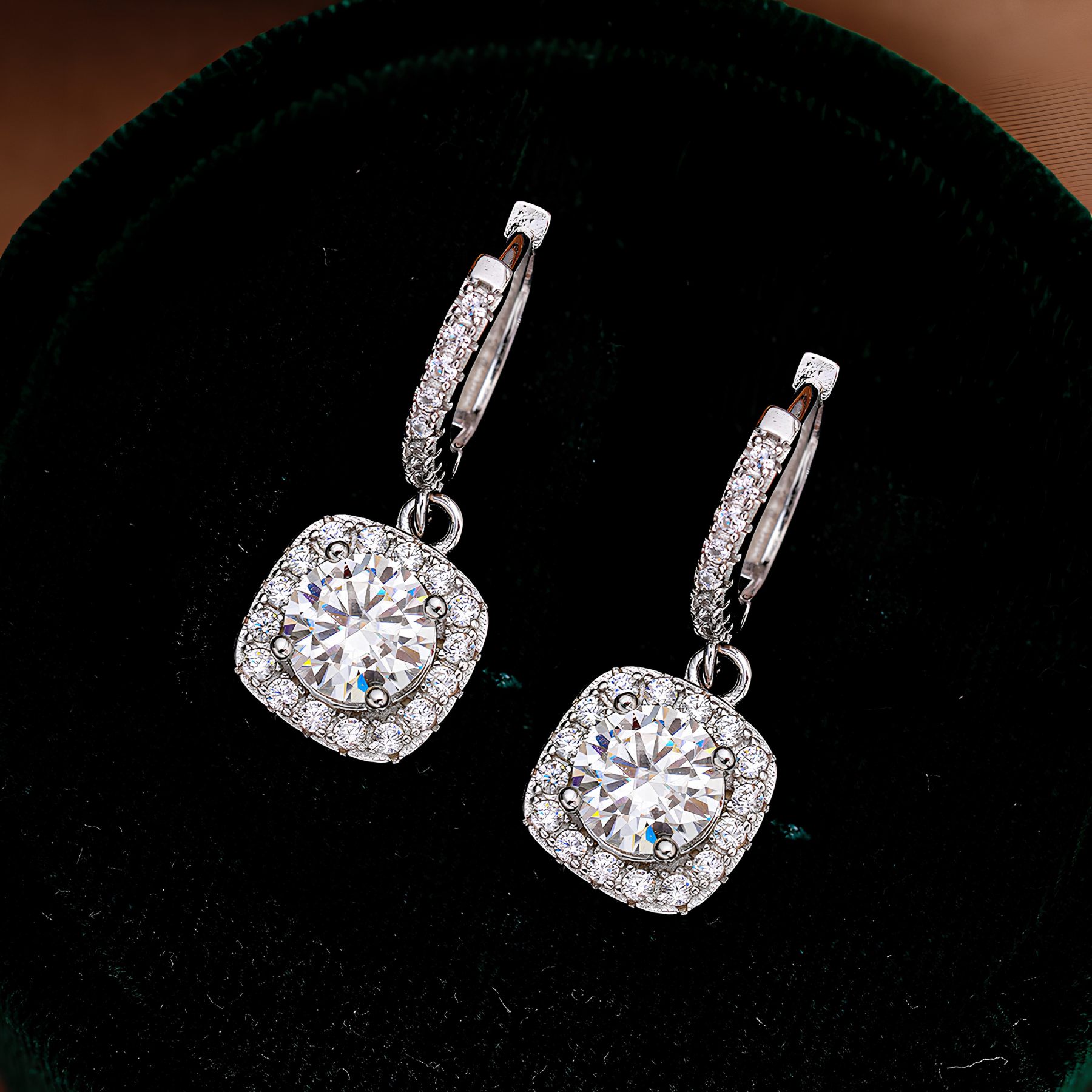 Round Cut Moissanite Halo Drop Earrings – Cushion Frame | 925 Sterling Silver