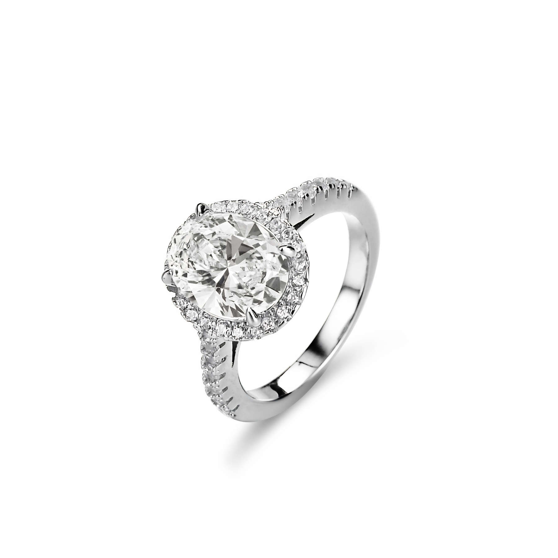 Oval Halo Moissanite Engagement Ring – 2 Carat | Pavé Band | 925 Sterling Silver