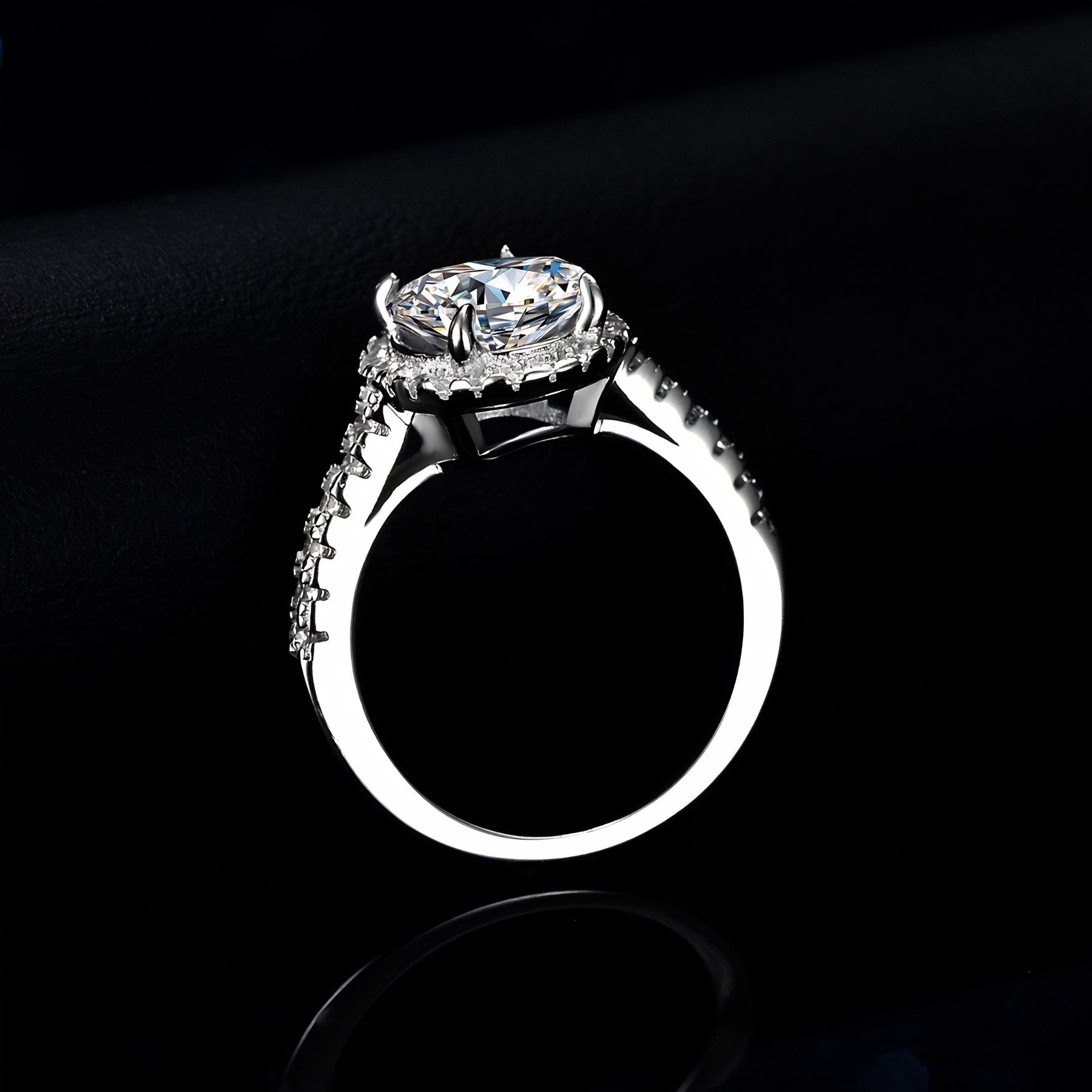 Oval Halo Moissanite Engagement Ring – 2 Carat | Pavé Band | 925 Sterling Silver