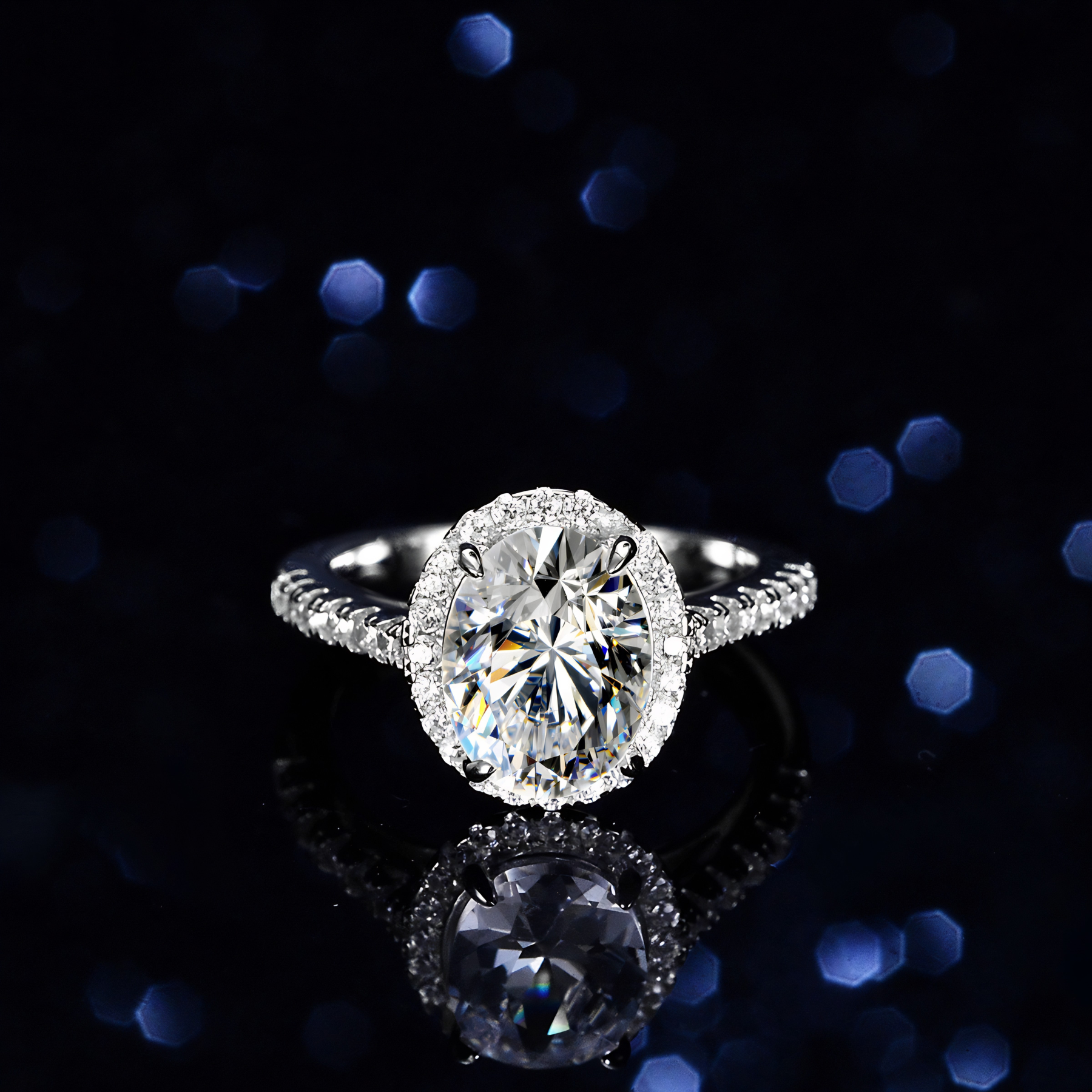 Oval Halo Moissanite Engagement Ring – 2 Carat | Pavé Band | 925 Sterling Silver