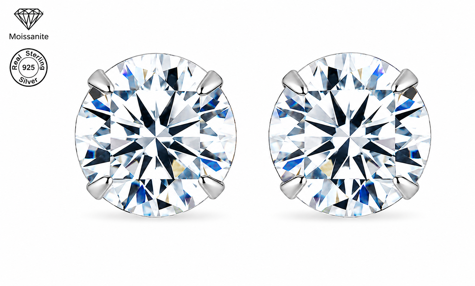925 Sterling Silver Four-Prong Round Moissanite Stud Earrings