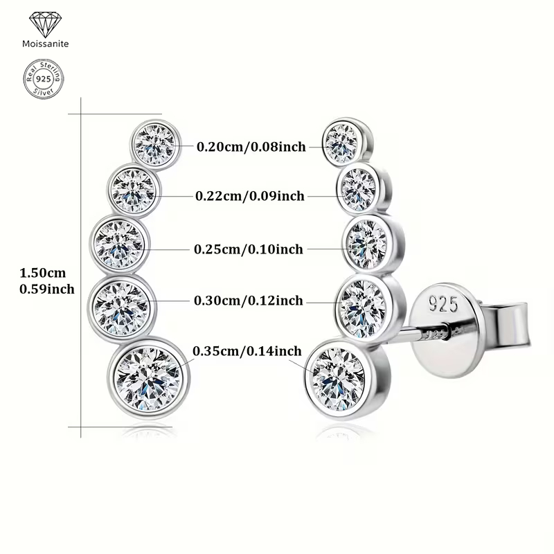 Moissanite Climber Stud Earrings for Women, 925 Sterling Silver, Elegant Ear Climber Earrings, Hypoallergenic Fine Jewelry