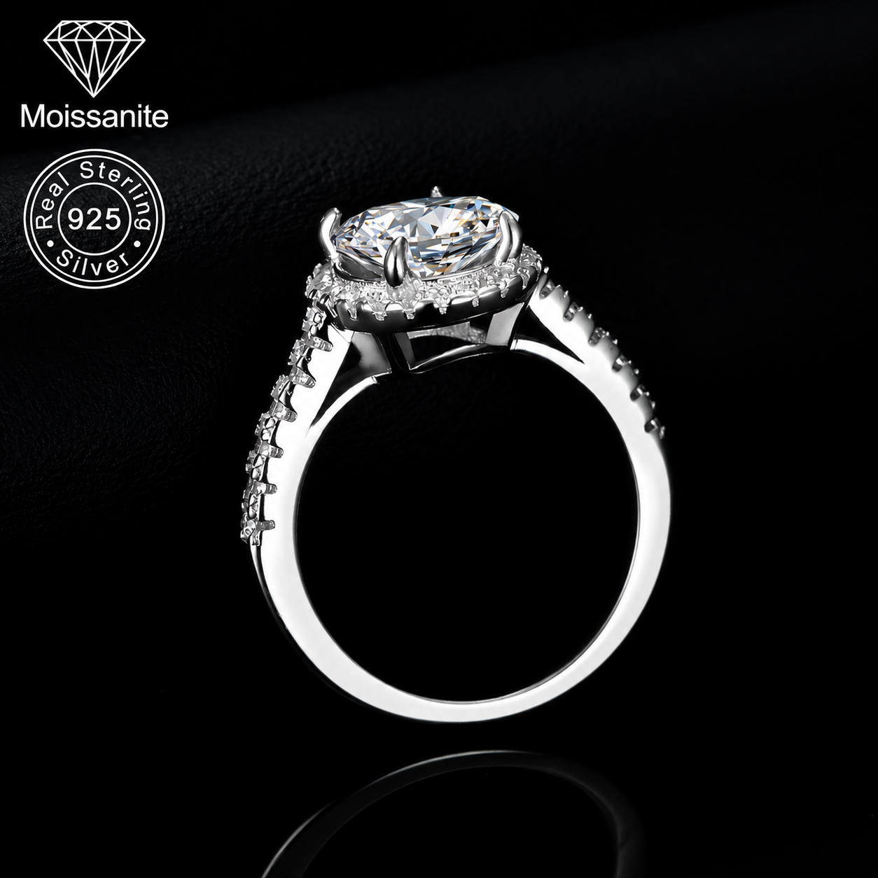 Oval Halo Moissanite Engagement Ring – 2 Carat | Pavé Band | 925 Sterling Silver