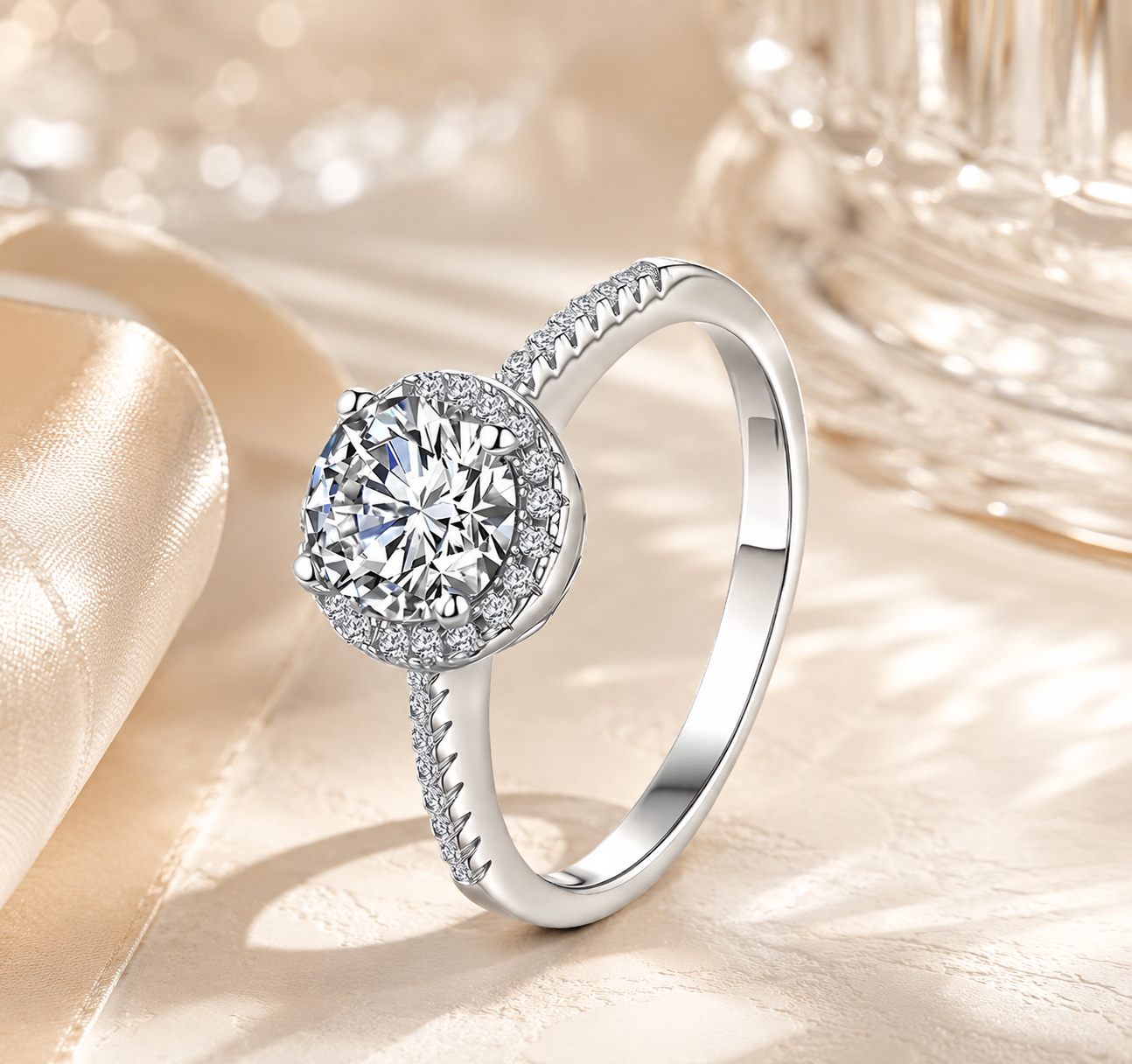 Round Cut Halo Pavé Moissanite Engagement Ring – 1CT / 2CT / 3CT | 925 Sterling Silver