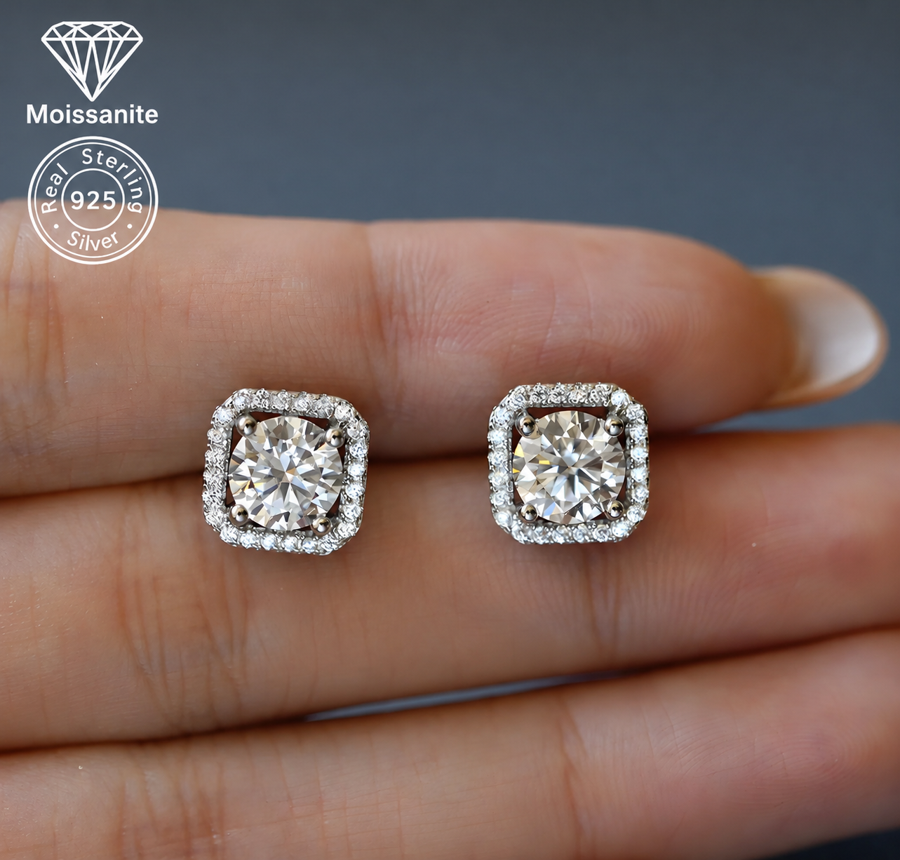 Round Cut Cushion Halo Moissanite Stud Earrings – 0.5 CARAT / 1 CARAT | 925 Sterling Silver