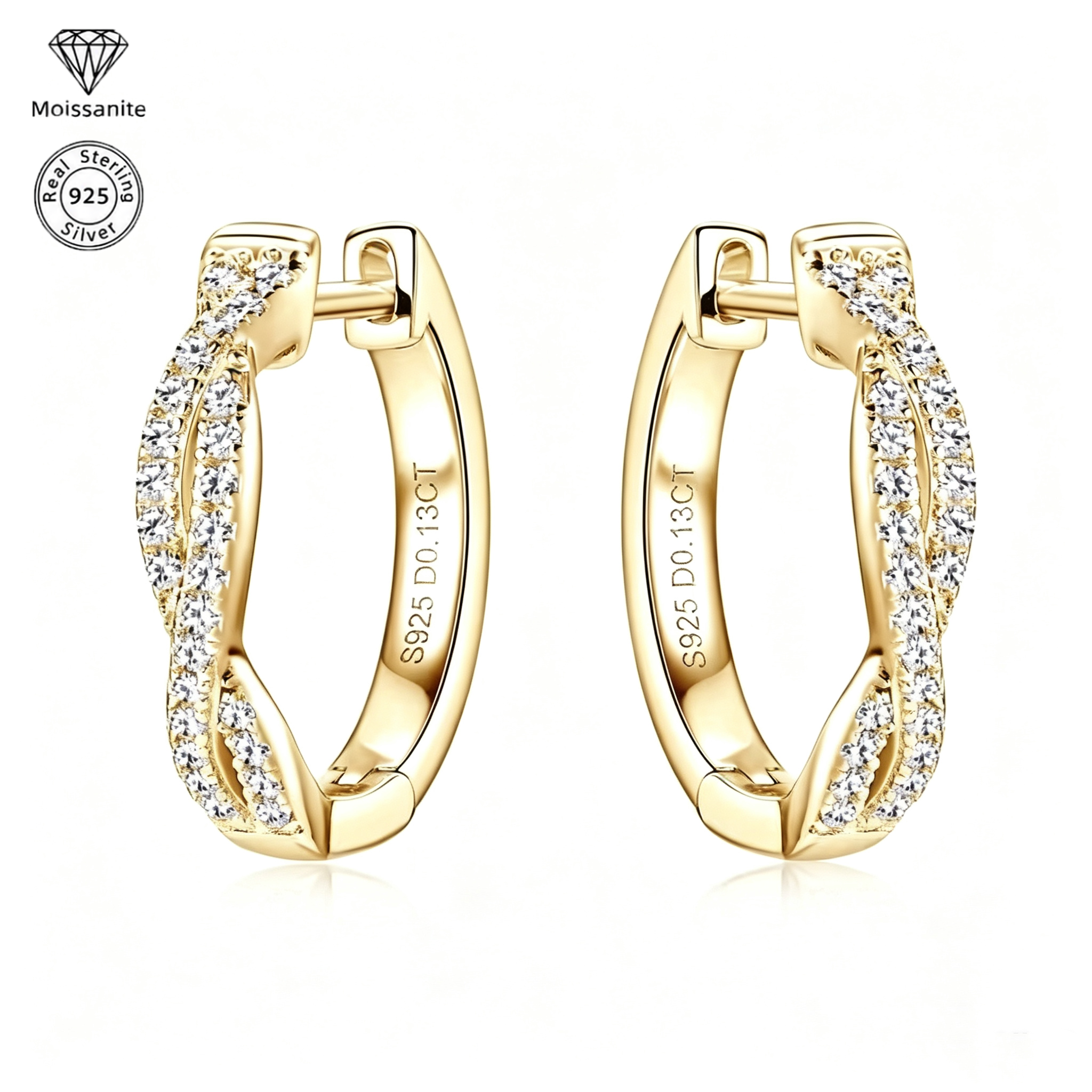 Twisted Braid Moissanite Hoop Earrings for Women, 925 Sterling Silver, Pavé Moissanite Huggie Hoops, Hypoallergenic Fine Jewelry