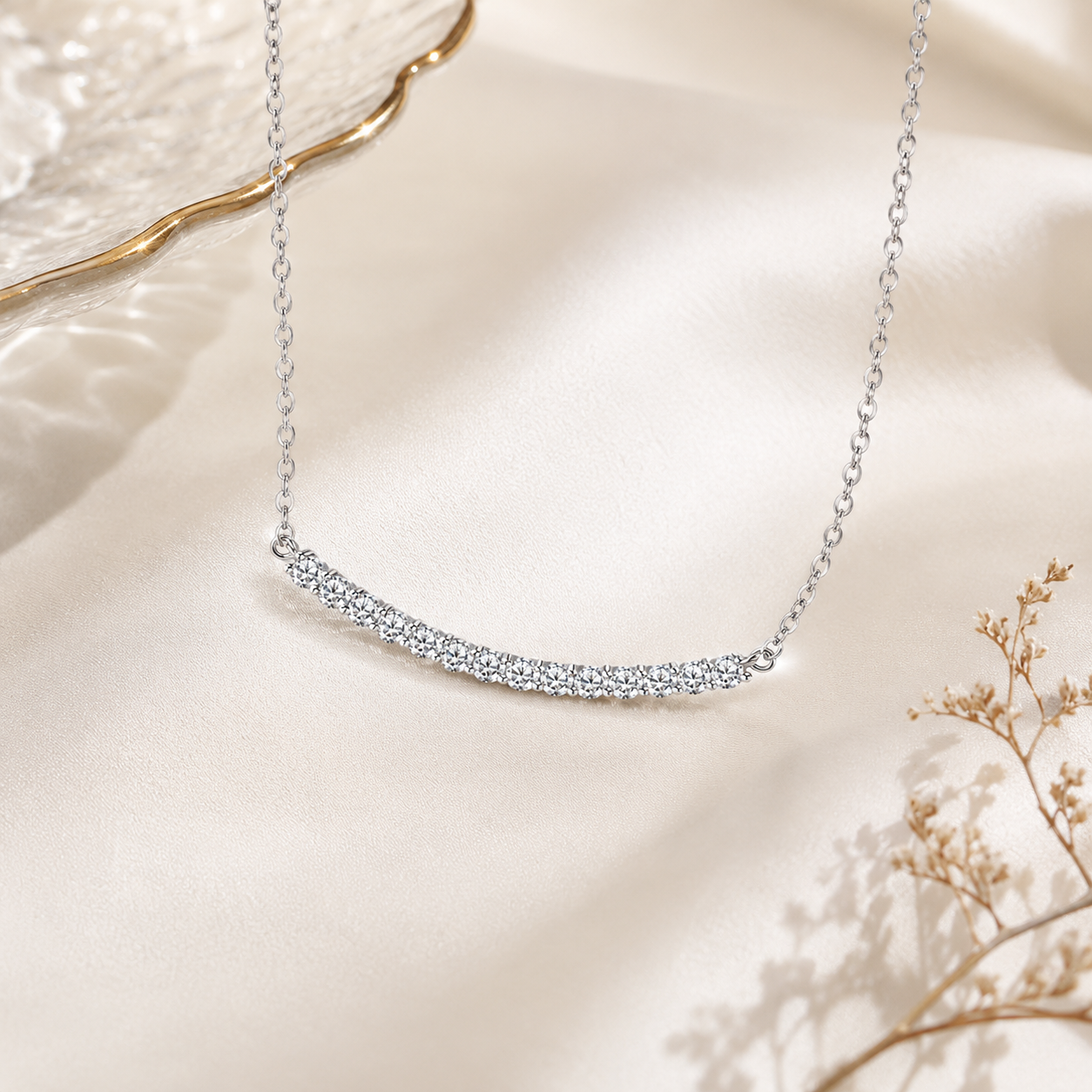 1ct Moissanite Curve Bar Necklace – 925 Sterling Silver
