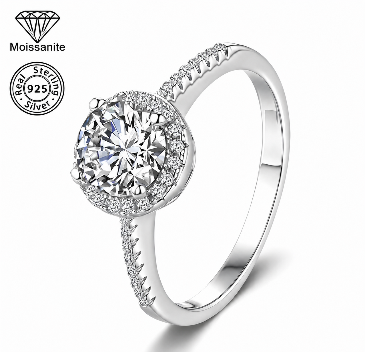 Female Geometric Round Cut Halo Pavé Moissanite Engagement Ring - Lightweight 925 Sterling Silver, 1 Carat/2CT/3CT