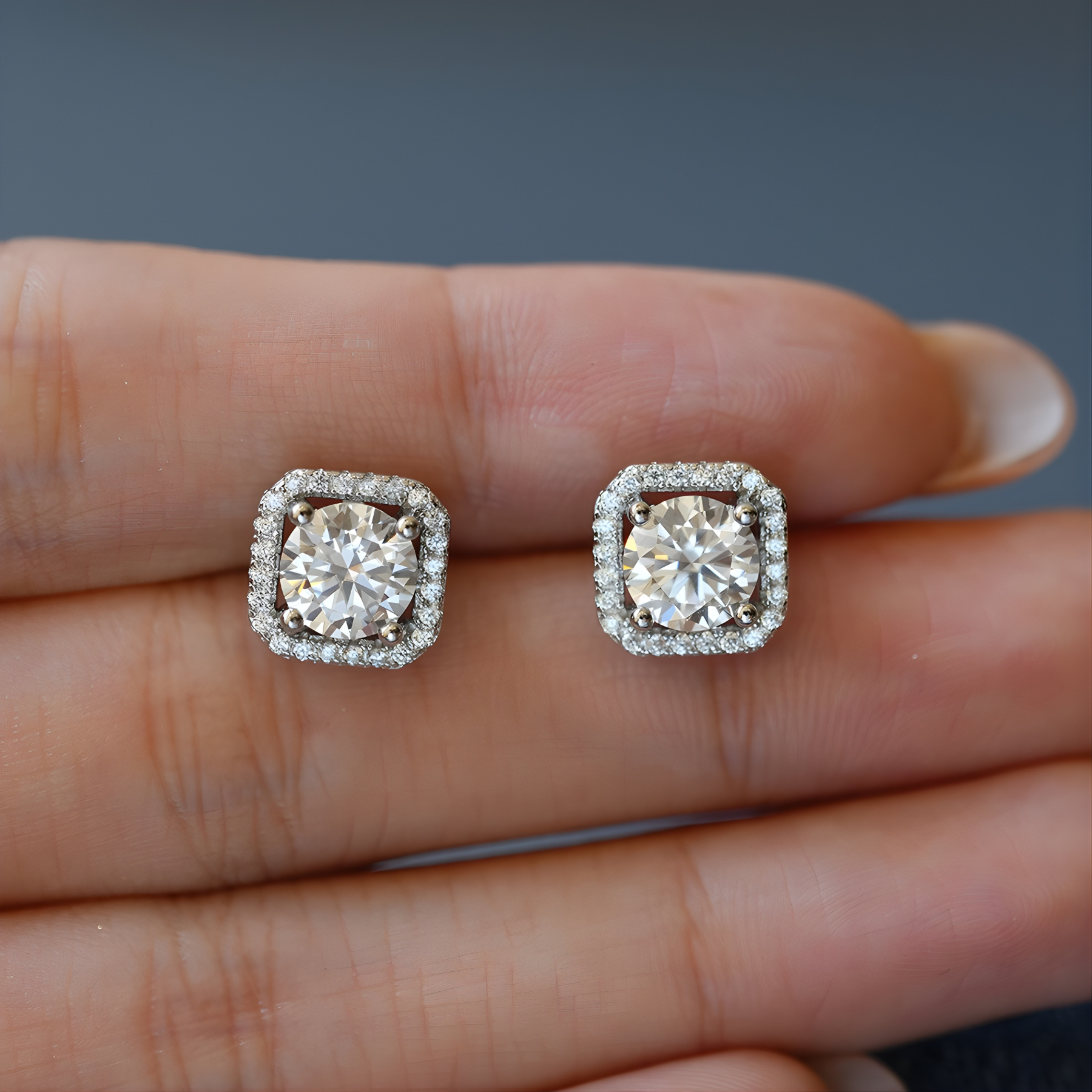 Round Cut Cushion Halo Moissanite Stud Earrings – 0.5CT / 1CT | 925 Sterling Silver