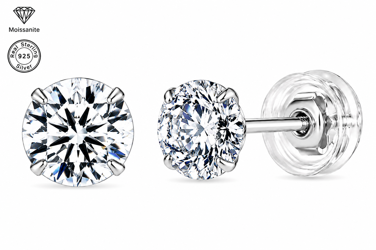 925 Sterling Silver Four-Prong Round Moissanite Stud Earrings
