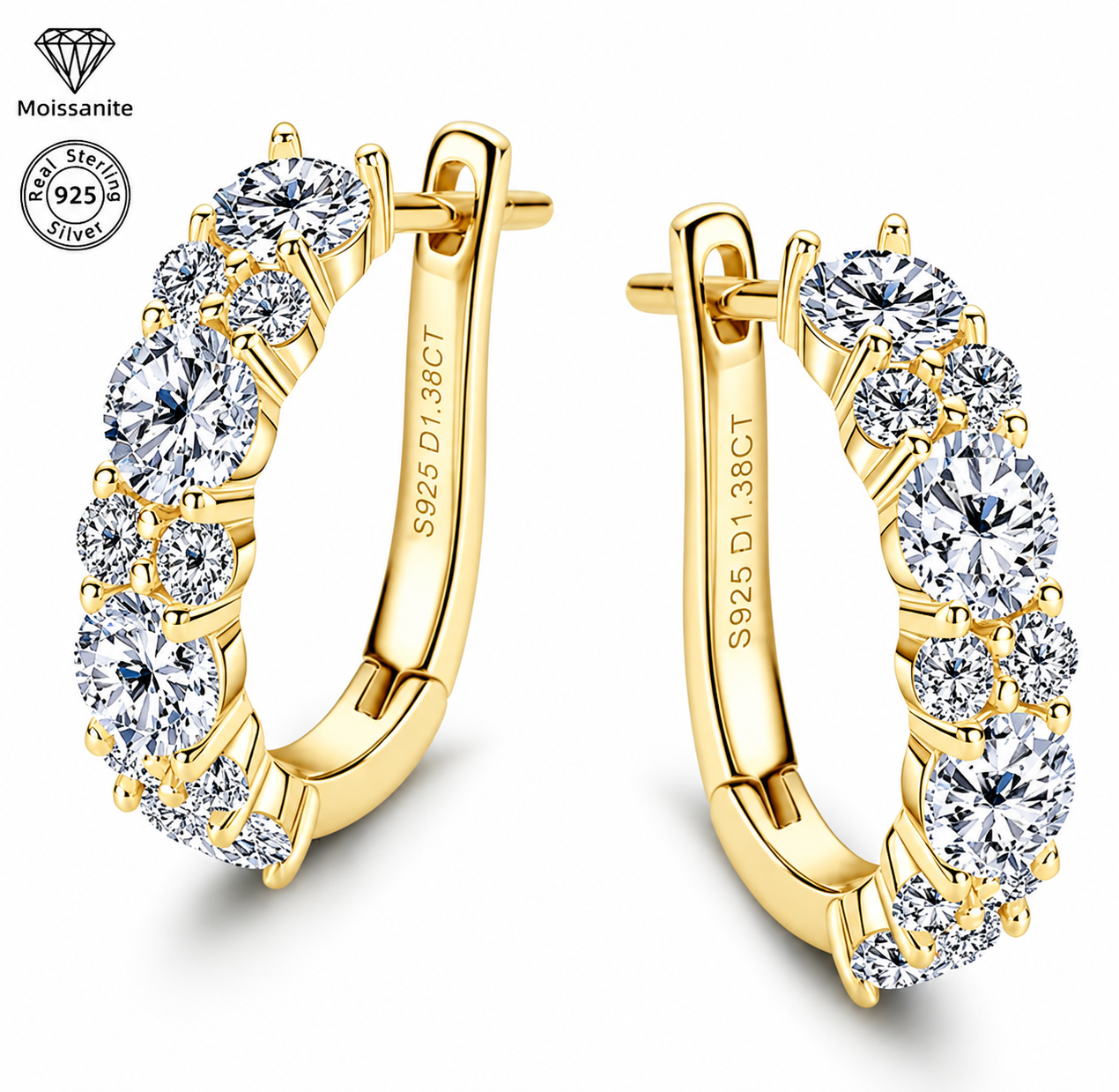1.38 CARAT Moissanite Hoop Earrings for Women, 925 Sterling Silver Pavé Huggie Hoops, Dainty Diamond-Look Earrings, Hypoallergenic Fine Jewelry