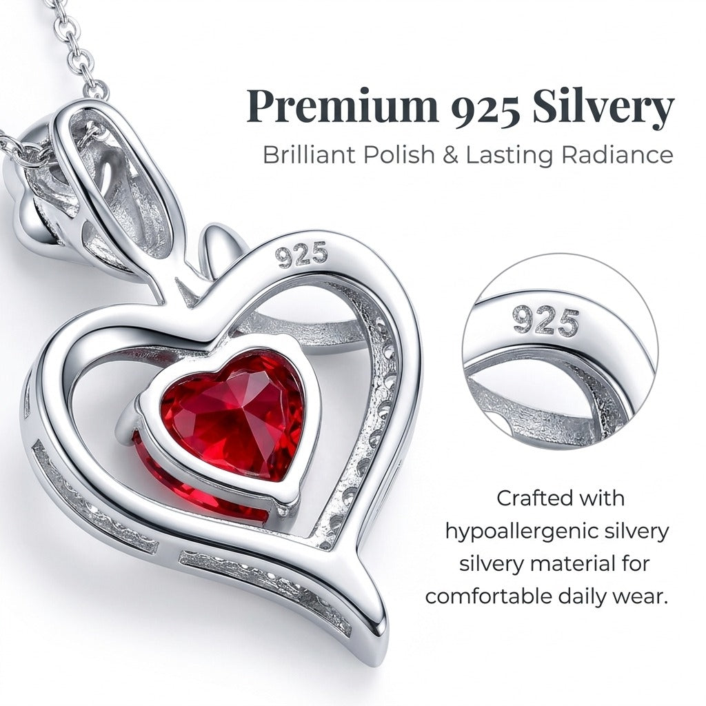 Rose Heart Pendant Necklace for Women, 925 Sterling Silver, Red Zirconia Necklace, Romantic Jewelry Gift