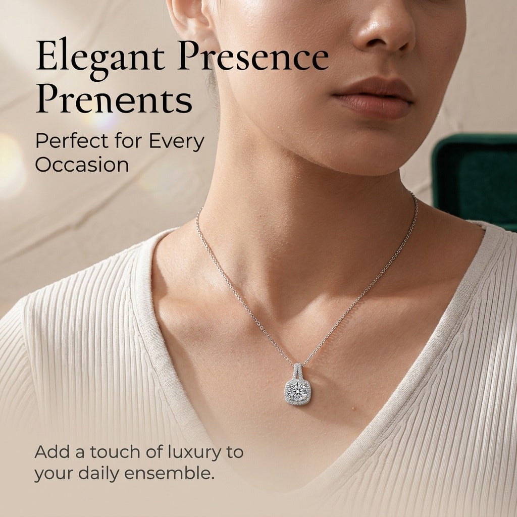 925 Sterling Silver VVS Round Moissanite Halo Pendant Necklace - Cushion Frame, 1-2 Carat, Lightweight Layering Box Chain, Anniversary Jewelry