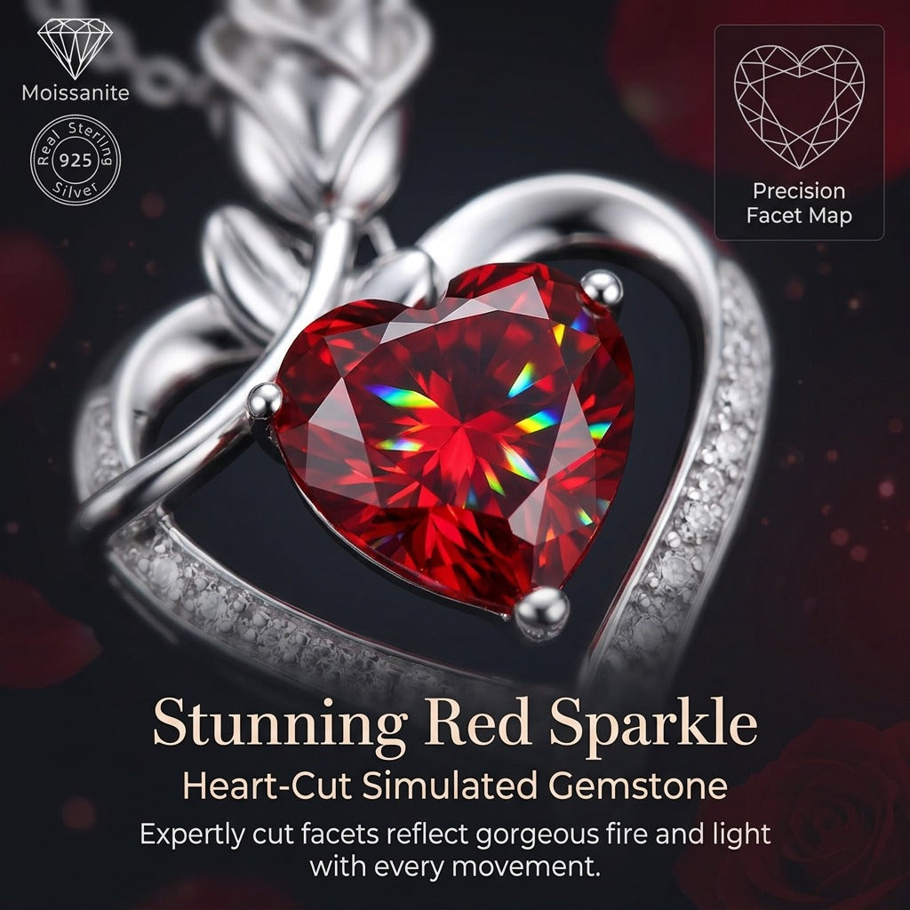Rose Heart Pendant Necklace for Women, 925 Sterling Silver, Red Zirconia Necklace, Romantic Jewelry Gift